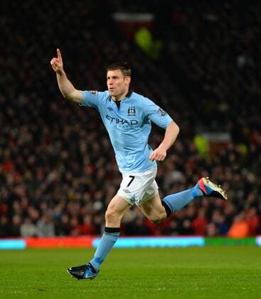 James Milner of Manchester City celebrates scoring - Barclays Premier League - Manchester United (ManU) vs Manchester City - Old Trafford Stadium - Manchester- England - 08 04 13 - Picture Simon Bellis Sportimage EDITORIAL USE ONLY. No use with unauthorised audio, video, data, fixture lists, club league logos or live services. Online in-match use limited to 120 images, no video emulation. No use in betting, games or single club league player publications.
