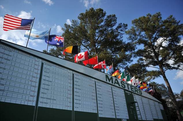 The main score board is seen at the Master golf tournament at Augusta National Golf Club on April 8, 2013 in Augusta, Georgia.  AUG20130408331