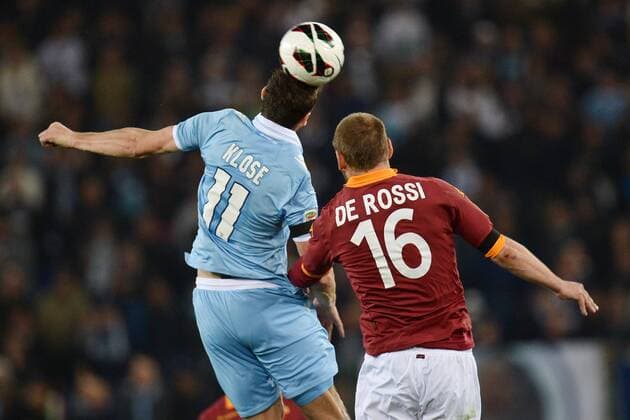 Miroslav Klose Lazio, Daniele De Rossi Roma. Roma 08 04 2013 Roma Stadio Olimpico Football 2012 2013 Campionato di calcio serie A Derby; AS Rom - Lazio Rom. AndreaxStaccioli