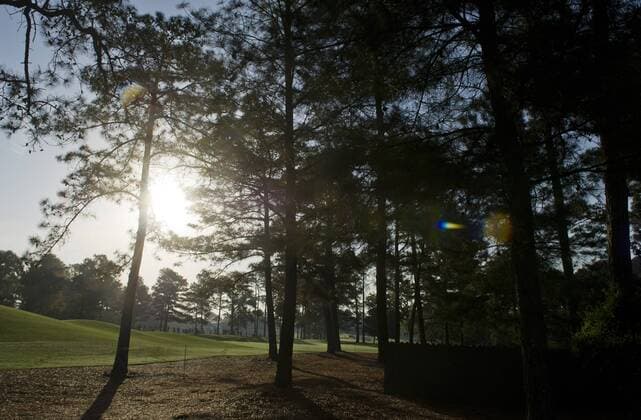 The Sun is seen through pine trees on the 3rd hole during a practice round before the Master golf tournament at Augusta National Golf Club on April 9, 2013 in Augusta, Georgia.  AUG20130409334