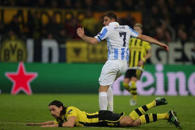 Neven SUBOTIC (Borussia Dortmund - BVB - 4) am Boden JOAQUIN, Joaquin SANCHEZ RODRIGUEZ (FC Malaga - 7) hat gerade das Tor zum 0-1 gemacht EP_Schmit