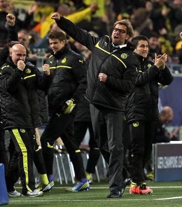 09.04.2013, Fussball Champions League Viertelfinale Rückspiel: Borussia Dortmund - FC Malaga, im Signal-Iduna-Park-Stadion Dortmund. mi. Jubel Trainer Jürgen Klopp (Dortmund) zum Tor zum 1:1,