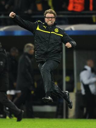 09-04-2013, Fussball, Saison 2012-2013, UEFA Champions League, Viertelfinale, Rückspiel, Borussia Dortmund - FC Malaga, Jubelsprung von Trainer Jürgen Klopp (Borussia Dortmund) nach dem Abpfiff