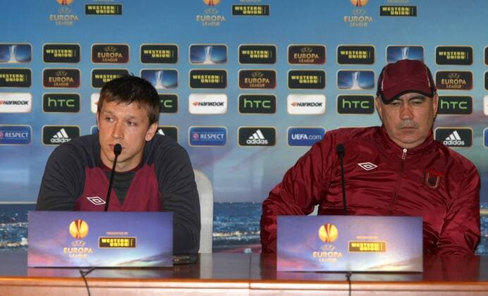 Russian Federation. Moscow. 10 apr. 2013. Olympic stadium LUZHNIKI . UEFA EUROPE LEAGUE 2012-2013. 1 4final. FC RUBIN Kazan). Press-conf. before game. 2.KUZMIN Oleg (FC RUBIN Kazan) and BERDYEV Kurban - Hd. coach FC RUBIN Kazan (l-r). 