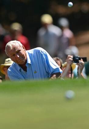 April 10, 2013 - Augusta, GA, USA - Arnold Palmer watches his chip shot onto the 1st green during the Par 3 Contest at the Masters at Augusta National Golf Club on Wednesday, April 10, 2013, in Augusta, Georgia. Masters at Augusta National Golf Club - ZUMAm67