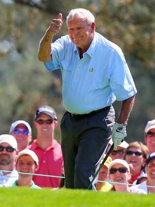 April 10, 2013 - Augusta, Georgia, U.S. - Four-time Masters champion ARNOLD PALMER gives the thumbs up to cheering fans after hitting his tee shot to the 1st green during the Par 3 Contest at the Masters at Augusta National Golf Club. Golf 2013 - Masters Tournament - Par 3 Contest - ZUMAm67