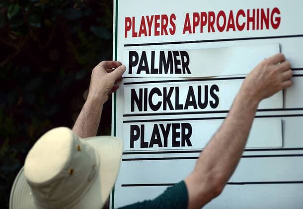 April 10, 2013 - Augusta, GA, USA - The names of legendary golfers Arnold Palmer, Jack Nicklaus, and Gary Player are placed on a board near the 1st green during the Par 3 Contest at the Masters at Augusta National Golf Club on Wednesday, April 10, 2013, in Augusta, Georgia. Masters at Augusta National Golf Club - ZUMAm67