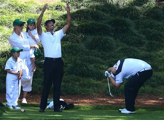 April 10, 2013 - Augusta, GA, USA - Charl Schwartzel, left, reacts along with George Coetzee after Coetzee s drive from the 9th tee box landed short of a hole-in-one during the Par 3 Contest at the Masters at Augusta National Golf Club on Wednesday, April 10, 2013, in Augusta, Georgia. Masters at Augusta National Golf Club - ZUMAm67