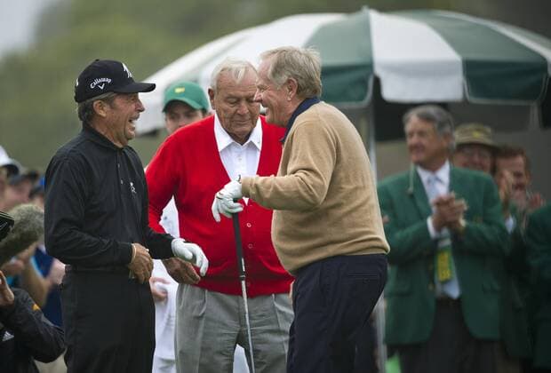 Honorary starters, from left to right, Gary Player, Arnold Palmer and Jack Nicklaus talk on the first tee before officially starting the 2013 Masters at Augusta National on April 11, 2013 in Augusta, Georgia.  AUG20130411305