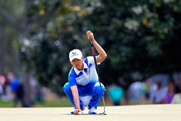 (130412) -- AUGUSTA, April 11, 2013 (Xinhua) -- China s Guan Tianlang competes during the first round of the 2013 Masters golf tournament at the Augusta National Golf Club in Augusta, Georgia, the United States, April 11, 2013. Guan shot a one-over par 73 on Thursday. (Xinhua Chris Trotman Augusta National) U.S.-AUGUSTA-GOLF-2013 MASTERS 