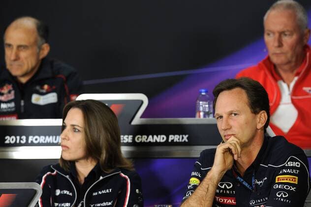 FORMULA ONE CHINESE GRAND PRIX AT SHANGHAI INTERNATIONAL CIRCUIT ON APRIL 12-13-14 2013. FIRST FIA PRESS CONFERENCE FOR NEW WILLIAMS DEPUTY TEAM PRINCIPAL, CLAIRE WILLIAMS HERE NEXT TO REDBULL TEAM PRINCIPAL CHRISTIAN HORNER. FORMULE 1 : Grand Prix de Chine - Essais - Shanghai - 12 04 2013 BernardAsset Panoramic 