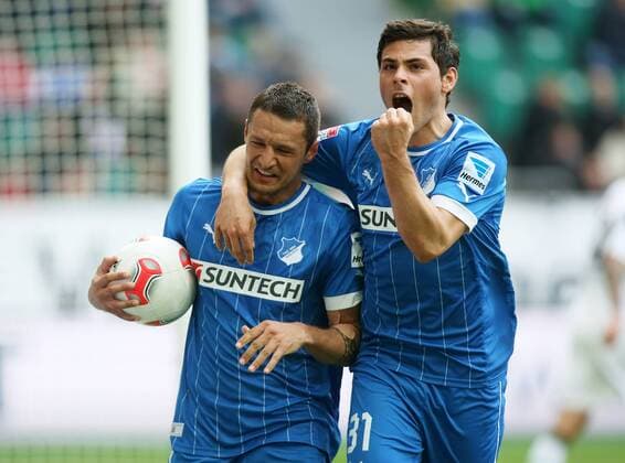 Sejad Salihovic, Kevin Volland Jubel Freude Emotion nach Tor zum 1:1 Ausgleich durch Sejad Salihovic VfL Wolfsburg - TSG Hoffenheim 13.04.2013 Fußball Fussball Volkswagen Arena Wolfsburg Herren DFL Bundesliga Saison 2012 2013