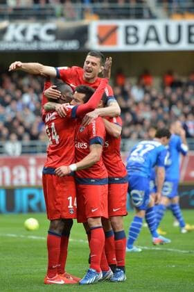 Blaise Matuidi (psg) - Ezequiel Lavezzi (psg) - Lucas (psg) - Thiago Motta (psg) FOOTBALL: AC Aube Troyes (ES, ESTAC) - Paris St Germain (PSG). Ligue 1 - 13 04 2013 xAnthonyxBIBARDxFEPx 