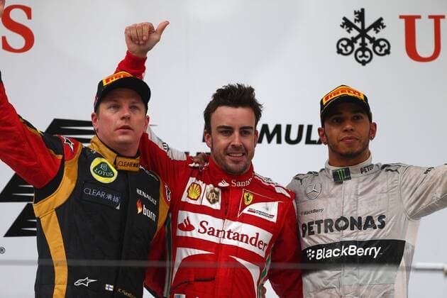 14.04.2013- Race, Fernando Alonso (ESP) Scuderia Ferrari F138 race winner, 2nd position Kimi Raikkonen (FIN) Lotus F1 Team E21 and 3rd position Lewis Hamilton (GBR) Mercedes AMG F1 W04 