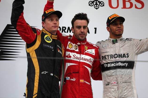 14.04.2013- Race, Fernando Alonso (ESP) Scuderia Ferrari F138 race winner, 2nd position Kimi Raikkonen (FIN) Lotus F1 Team E21 and 3rd position Lewis Hamilton (GBR) Mercedes AMG F1 W04 