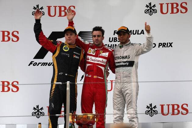 14.04.2013- Race, Fernando Alonso (ESP) Scuderia Ferrari F138 race winner, 2nd position Kimi Raikkonen (FIN) Lotus F1 Team E21 and 3rd position Lewis Hamilton (GBR) Mercedes AMG F1 W04 