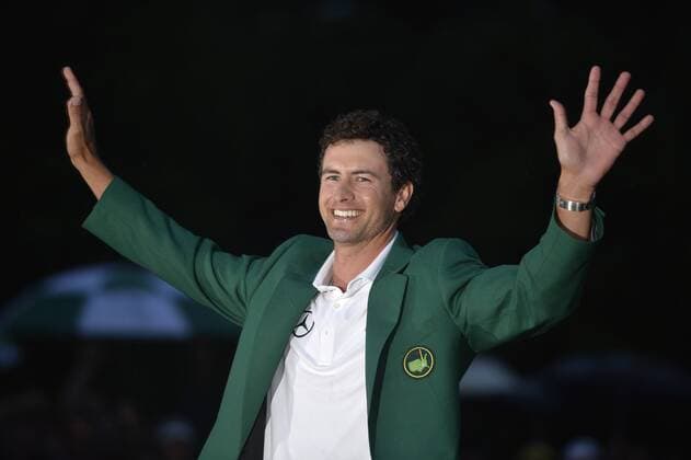 AUGUSTA, April 14, 2013 -- Adam Scott of Australia celebrates after the fourth round of the 2013 Masters golf tournament at the Augusta National Golf Club in Augusta, Georgia, the United States, April 14, 2013. Scott finished the tournament at nine-under par 279 and claimed the title after a playoff. (Xinhua Charles Laberge Augusta National) U.S.-AUGUSTA-GOLF-2013 MASTERS 
