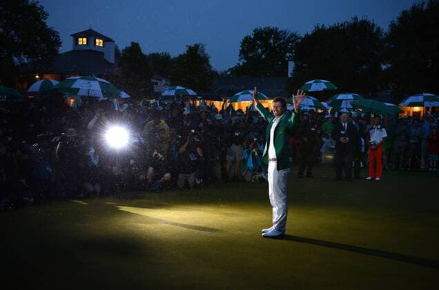 AUGUSTA, April 14, 2013 -- Adam Scott of Australia celebrates after the fourth round of the 2013 Masters golf tournament at the Augusta National Golf Club in Augusta, Georgia, the United States, April 14, 2013. Scott finished the tournament at nine-under par 279 and claimed the title after a playoff. (Xinhua Rusty Jarrett Augusta National) U.S.-AUGUSTA-GOLF-2013 MASTERS 