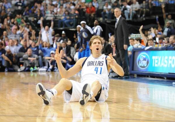 Apr 15, 2013: Dallas Mavericks power forward Dirk Nowitzki 41 celebrates after being fouled as he hit a three pointer during an NBA Basketball Herren USA game between the Memphis Grizzlies and the Dallas Mavericks at the American Airlines Center in Dallas, TX Memphis defeated Dallas 103-97 NBA Basketball Herren USA 2013: Grizzlies vs Mavericks APR 15 - ZUMAcp2