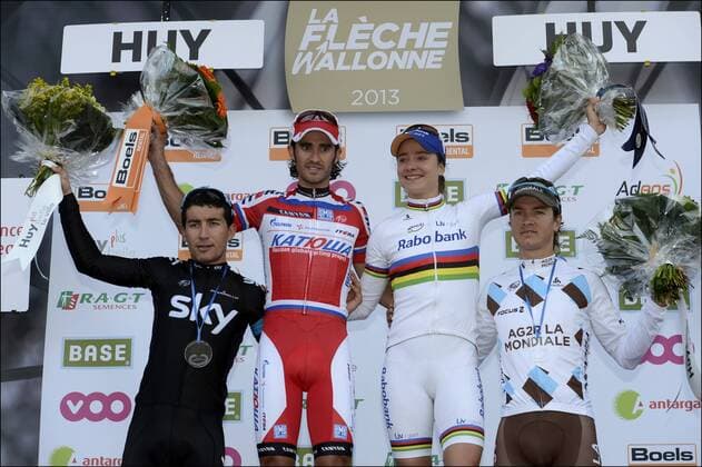 Daniel Moreno Fernandez (ESP) from Katusha Team with Marianne Vos (NED) from Rabo Women Cycling Team and Sergio Henao Montoya (COL) from Sky and Carlos Betancur Gomez Alberto (COL) from Ag2r Podium CYCLISME : La Fleche Wallonne - 17 04 2013 Photonews Panoramic 