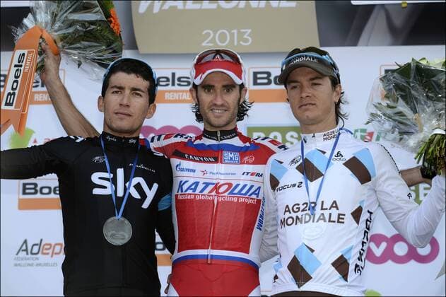 Daniel Moreno Fernandez (ESP) from Katusha Team with Sergio Henao Montoya (COL) from Sky and Carlos Betancur Gomez Alberto (COL) from Ag2r - Podium CYCLISME : La Fleche Wallonne - 17 04 2013 Photonews Panoramic 
