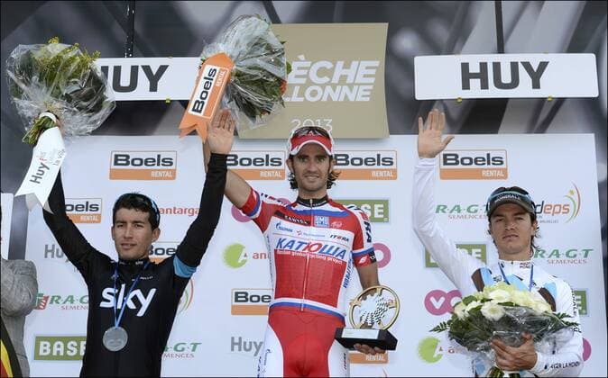 Daniel Moreno Fernandez (ESP) from Katusha Team with Sergio Henao Montoya (COL) from Sky and Carlos Betancur Gomez Alberto (COL) from Ag2r - Podium CYCLISME : La Fleche Wallonne - 17 04 2013 Photonews Panoramic 