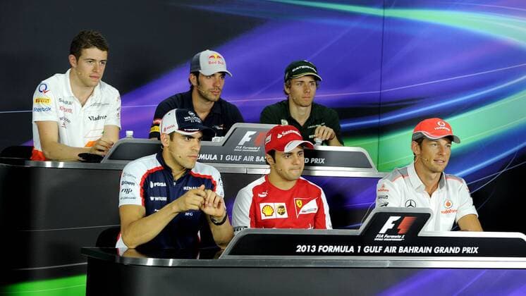 (130418) -- MANAMA, April 18, 2013 (Xinhua) -- Drivers attends the press conference of the Bahrain Formula One Grand Prix at the Bahrain International Circuit in Manama, Bahrain, on April 18, 2013. (Xinhua Chen Shaojin) BAHRAIN-MANAMA-F1-PRESS CONFERENCE 
