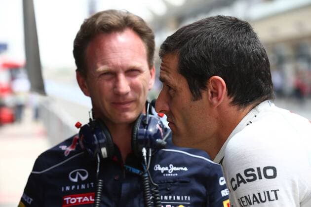 19.04.2013- Free Practice 1, Christian Horner (GBR), Red Bull Racing, Sporting Director and Mark Webber (AUS) Red Bull Racing RB9 