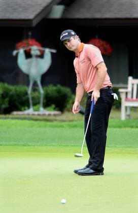 April 19, 2013 - Hilton Head Island, SC, USA - Kevin Streelman watches his putt miss the hole on No. 16 during second round of the 45th RBC Heritage presented by Boeing at Harbour Town Golf Links in Sea Pines on Hilton Head Island, South Carolina, Friday, April 19, 2013. In the background is a Walter Palmer sculpture depicting a bird breaking a golf club over its head. RBC Heritage - ZUMAm67