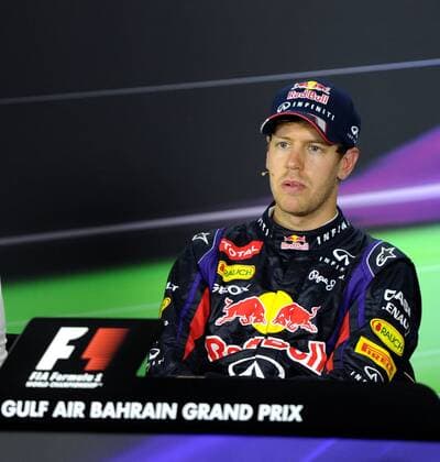 (130421) -- MANAMA, April 21, 2013 (Xinhua) -- Red Bull driver Sebastian Vettel attends a press conference after the Bahrain F1 Grand Prix at the Bahrain International Circuit in Manama, Bahrain, on April 21, 2013. (Xinhua Chen Shaojin) (zf) BAHRAIN-MANAMA-F1 
