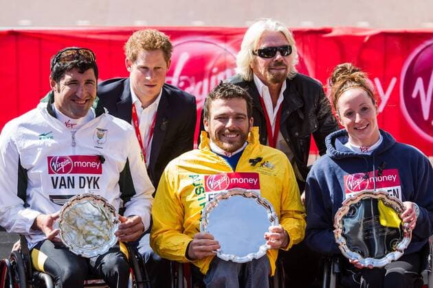21.04.2013 London, England. HRH Prince Harry and Sir Richard Branson pose with elite wheelchair finishers Ernst Van Dyk (RSA, left), Kurt Fearnley (Australia, middle) and Tatyana McFadden (USA, right) following the The Virgin London Marathon. xDavidxFearnx  ActionPlus11399769