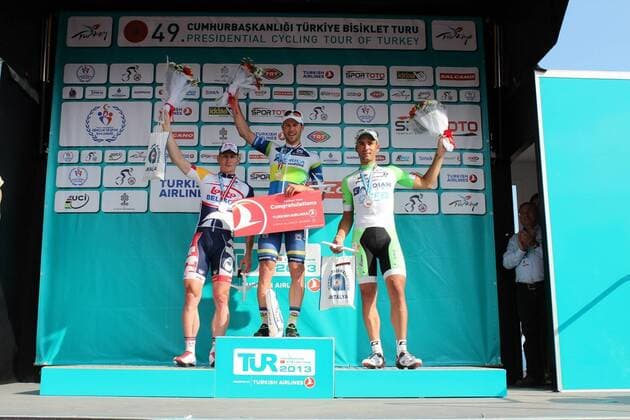 49. Presidential Cycling Tour of Turkey 2013 2. Stage: Alanya - Antalya 150 km, Alanya, Antalya ,Turkey. 22.04.2013 - Pictured: 1. Aidis Kruopis LTU (C), 2.Andre Greipel GER (L) , 3. Marco Coledan ITA (R) 