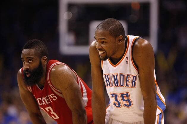 OKLAHOMA CITY, April 24, 2013 - Kevin Durant (R) of Oklahoma City Thunder and James Harden of Houston Rockets react during Game 2 at the first-round NBA Basketball Herren USA basketball playoff series in Oklahoma City, April 24, 2013. Oklahoma City Thunder won the match 105-102. (Xinhua Song Qiong) US-OKLAHOMA CITY-NBA-ROCKETS VS THUNDER 