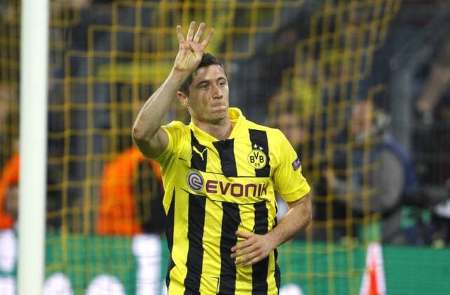 Dortmunds Robert Lewandowski celebrates scoring the 4:1 his fourth goal during the Championsleague semifinal match between Borussia Dortmund and Real Madrid, Signal Iduna Park in Dortmund on April 24., 2013. Borussia Dortmund gegen Real Madrid im Halbfinale der Championsleague in der Saison 2012 2013 am 24. April 2013.