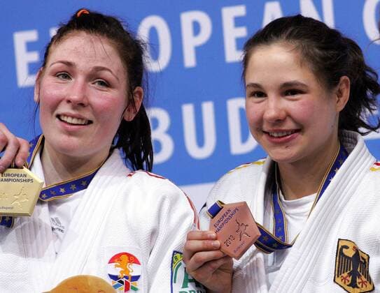 26.04.2013 Budapest(Hungary) European Judo Championships -70kg women s Judo Laura Vergas-Koch (R)Germany bronze medal and Kim Polling(L) Netherlands gold medal : 