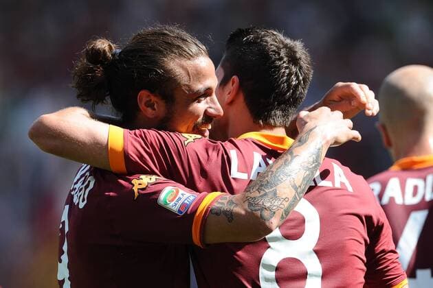 Daniel Pablo Osvaldo Roma con Erik Lamela.Goal celebrations.28 04 2013 Roma.Stadio Olimpico.Football Calcio 2012 2013 .Campionato di Calcio Serie A. AS Roma vs AC Siena . AntoniettaxBaldassarre