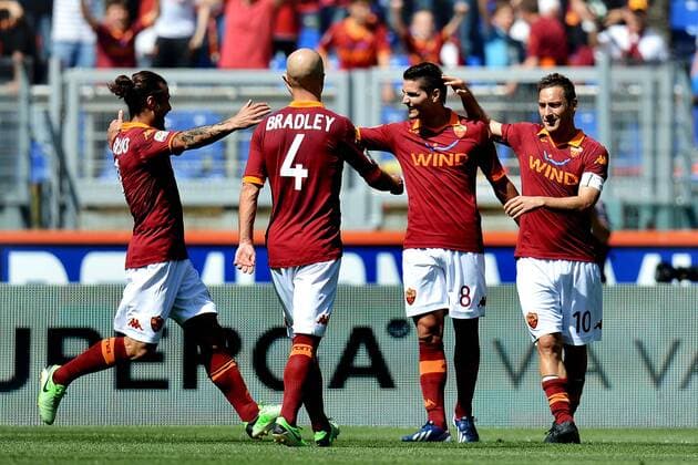 Pablo Daniel Osvaldo, Michael Bradley, Erik Lamela, Francesco Totti .Goal celebration .Roma 28 04 2013 Stadio Olimpico.Football Calcio 2012 2013 Serie A. AS Roma vs AC Siena . andreaxstaccioli