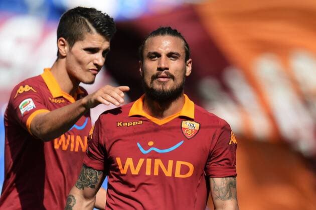 Pablo Daniel Osvaldo Roma Erik Lamela Goal celebration.Roma 28 04 2013 Stadio Olimpico.Football Calcio 2012 2013 Serie A. AS Roma vs AC Siena . .Roma 28 04 2013 Stadio Olimpico.Football Calcio 2012 2013 Serie A. AS Roma vs AC Siena . andreaxstaccioli