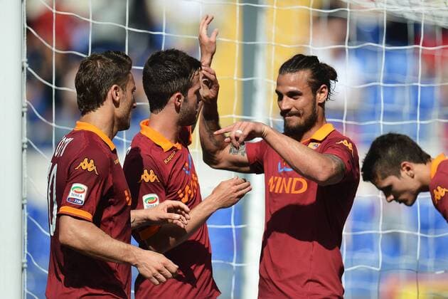Pablo Daniel Osvaldo Roma Francesco Totti e Miralem Pjanic .Goal celebration .Roma 28 04 2013 Stadio Olimpico.Football Calcio 2012 2013 Serie A. AS Roma vs AC Siena . andreaxstaccioli