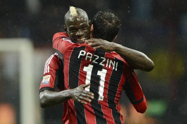 Gc Milano 28 04 2013 - campionato di calcio serie A AC Mailand vs Catania Calcio: Mario Balotelli-Giampaolo Pazzini 