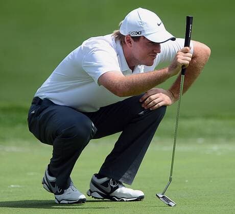 April 30, 2013 - Charlotte, North Carolina, U.S. - RUSSELL HENLEY lines up a putt on the 18th green during a practice round for the Wells Fargo Championship at Quail Hollow Club. Golf 2013 - Wells Fargo Championship - Practice - ZUMAm67