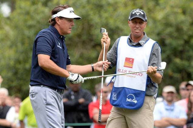 May 3, 2013 - Charlotte, NC, USA - Phil Mickelson gets a club from his caddie while at the sixth tee during the second round of the Wells Fargo Championship at Quail Hollow Club in Charlotte, North Carolina, Friday, May 3, 2013. WELLS FARGO PGA Golf Herren TOURNAMENT - ZUMAm67