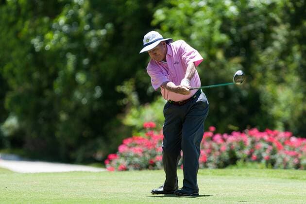 May 04 2013: Insperity Championship, The Greats of Golf golfers Arnold Palmer teeing off on hole-5 during the tournament at The Woodlands Country Club in The Woodlands, TX. GOLF: MAY 04 Champions Tour - Insperity Championship Icon20130504028 EDITORIAL USE ONLY