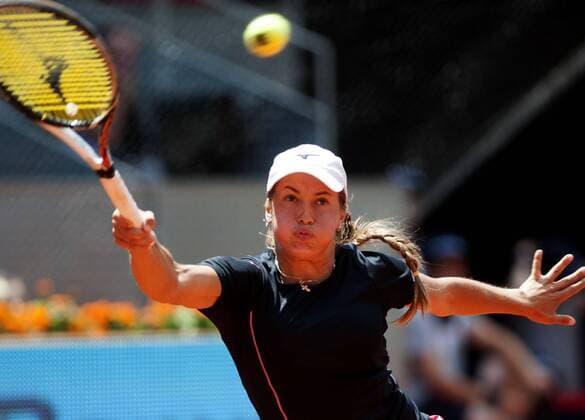 (130505) -- MADRID, May 5, 2013 (Xinhua) -- Yulia Putintseva of Kazakhstan returns the ball during the women s first round of WTA Tennis Damen Madrid Open in Madrid, capital of Spain May 5, 2013. 