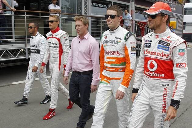 Motorsports: FIA Formula One World Championship 2013, Grand Prix of Barcelona, 5 Jenson Button (GBR, Vodafone McLaren Mercedes), 14 Paul di Resta (GBR, Sahara Force India F1 Team), 23 Max Chilton (GBR, Marussia F1 Team), 10 Lewis Hamilton (GBR, Mercedes AMG Petronas F1 Team), xHOCHxZWEIx