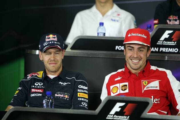 Sebastian Vettel, Red Bull Racing, Fernando Alonso, Scuderia Ferrari, PK, formula 1 GP, Spanien in Barcelona 09.05.2013, Photo:mspb Lukas Gorys Sebastian Vettel, Fernando Alonso, PK, formula 1 GP, Spanien, RV RACING PRESS