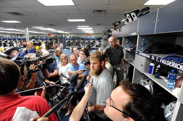May 10, 2013 - Irving, TX, United States of America - Dallas Cowboys rookie center and first round draft pick from the University of Wisconsin Travis Frederick fields questions from reporters in the Cowboys locker room after the first session of the Cowboys Rookie Mini Camp at the Dallas Cowboys Headquarters in Irving, Texas, on Friday May 10, 2013. NFL American Football Herren USA 2013: Cowboys Rookie Mini Camp May 10 - ZUMAc04