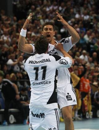 Kiel, 14. Mai 2013 - Sport, Handball, 1. Bundesliga, Saison 2012 2013, THW Kiel - Rhein-Neckar Löwen: Christian Sprenger, Marcus Ahlm (THW Kiel von links) jubeln