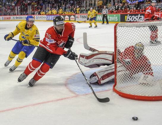 Stockholm 2013 05 16 Ice-Hockey World Championship 2013 - Canada CAN vs Sweden SWE - Pictures shows Loui Eriksson SWE 21, PK Subban CAN 76 and gk Mike Smith CAN -KPkod 08002 