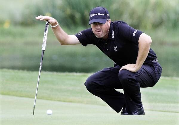 16 MAY 2013: Ryan Palmer lines up his putt on 17 during the first round of the HP Byron Nelson Championship played at TPC Las Colinas Four Season Resort in Irving, TX. GOLF: MAY 16 PGA Golf Herren - HP Byron Nelson Championship - First Round Icon1305160184 EDITORIAL USE ONLY